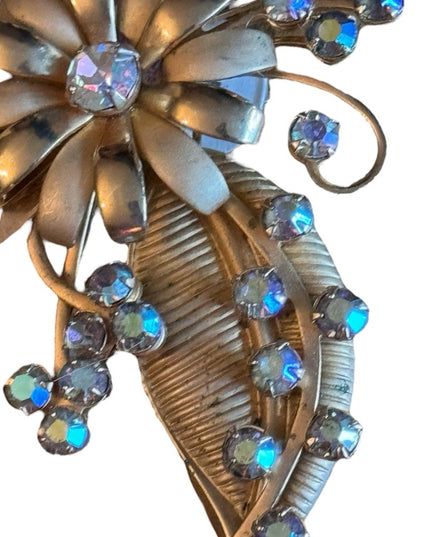 Vintage 1950s KRAMER gold finish AB crystal flower brooch