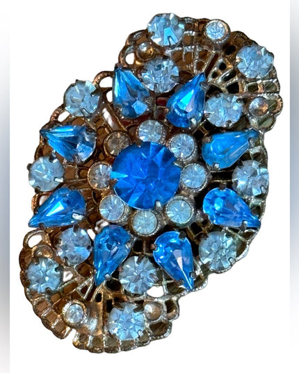 Vintage 1950s West Germany gold finish blue crystal fancy brooch