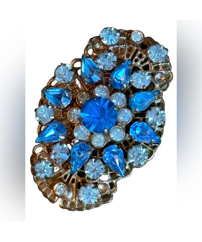 Vintage 1950s West Germany gold finish blue crystal fancy brooch