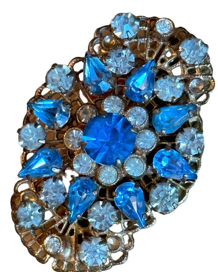 Vintage 1950s West Germany gold finish blue crystal fancy brooch