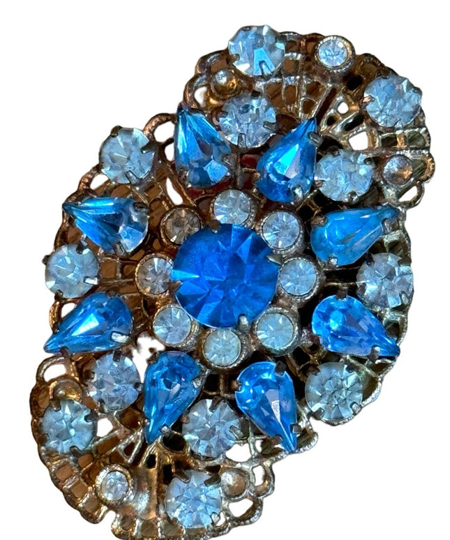 Vintage 1950s West Germany gold finish blue crystal fancy brooch