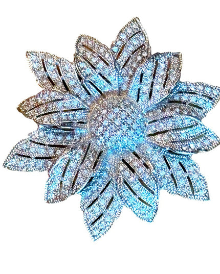 Large vintage silver finish rhinestone crystal flower brooch sparkle
