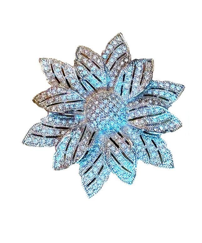 Large vintage silver finish rhinestone crystal flower brooch sparkle