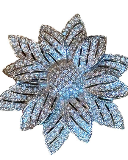 Large vintage silver finish rhinestone crystal flower brooch sparkle