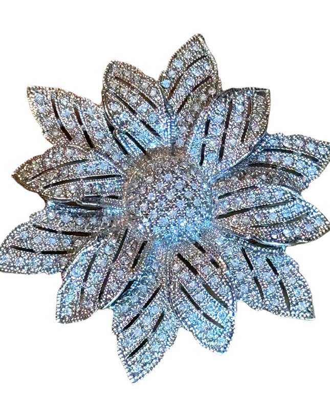 Large vintage silver finish rhinestone crystal flower brooch sparkle