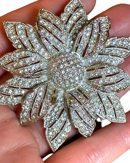 Large vintage silver finish rhinestone crystal flower brooch sparkle