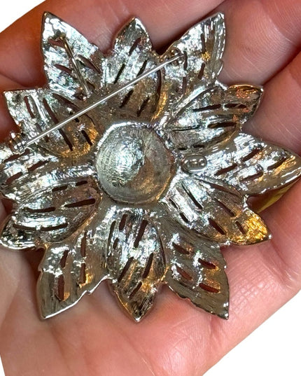 Large vintage silver finish rhinestone crystal flower brooch sparkle