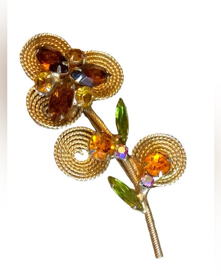 Vintage gold finish amber crystal flower brooch