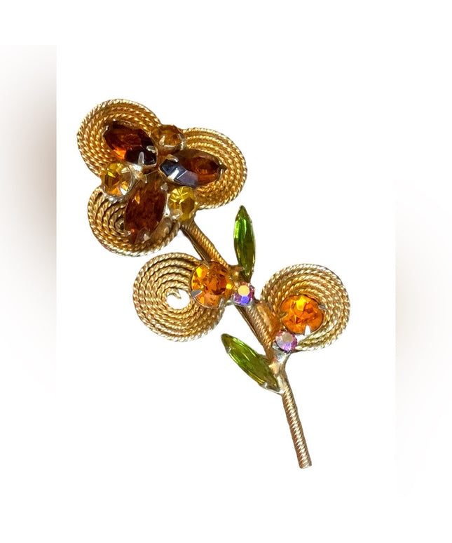 Vintage gold finish amber crystal flower brooch