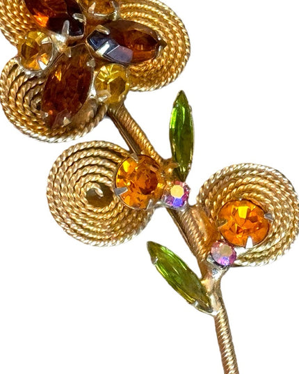 Vintage gold finish amber crystal flower brooch