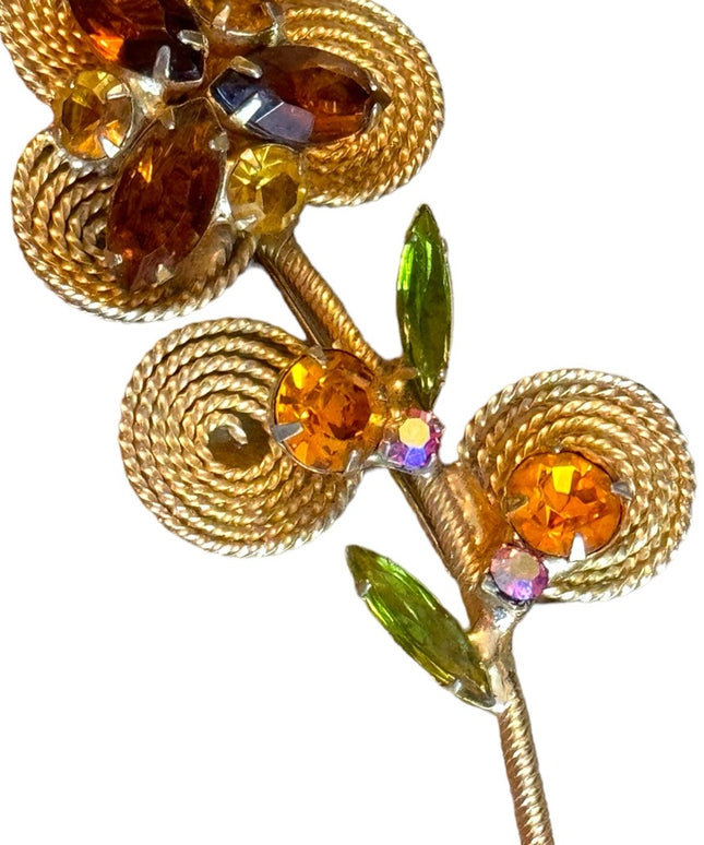 Vintage gold finish amber crystal flower brooch