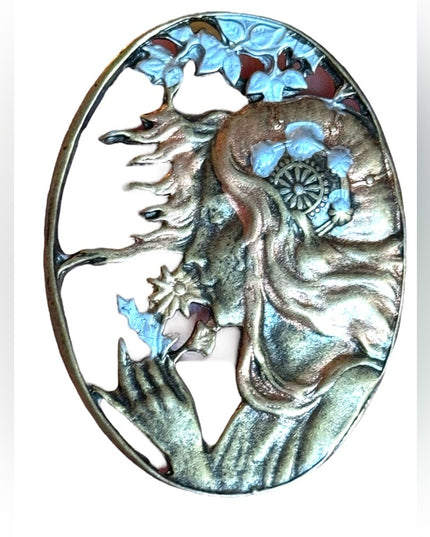 Vintage 1960s Brassy hand painted lady with flowers cameo style brooch