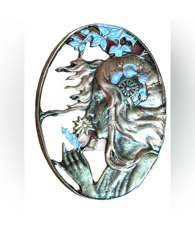 Vintage 1960s Brassy hand painted lady with flowers cameo style brooch