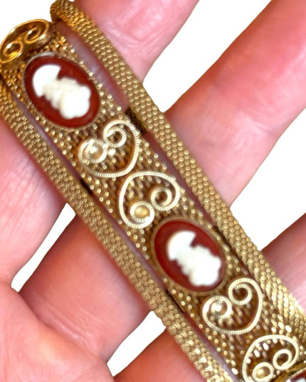 Vintage 1960s gold finish ornate multi cameo scroll design bracelet