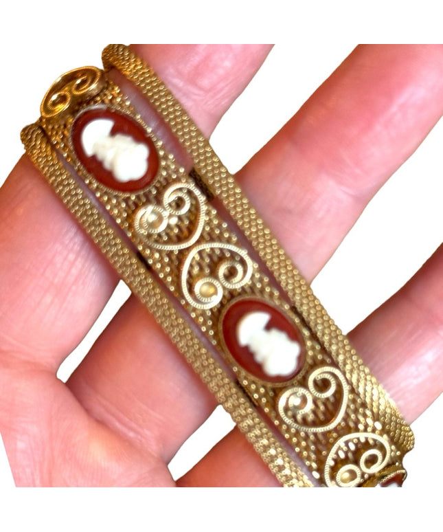 Vintage 1960s gold finish ornate multi cameo scroll design bracelet