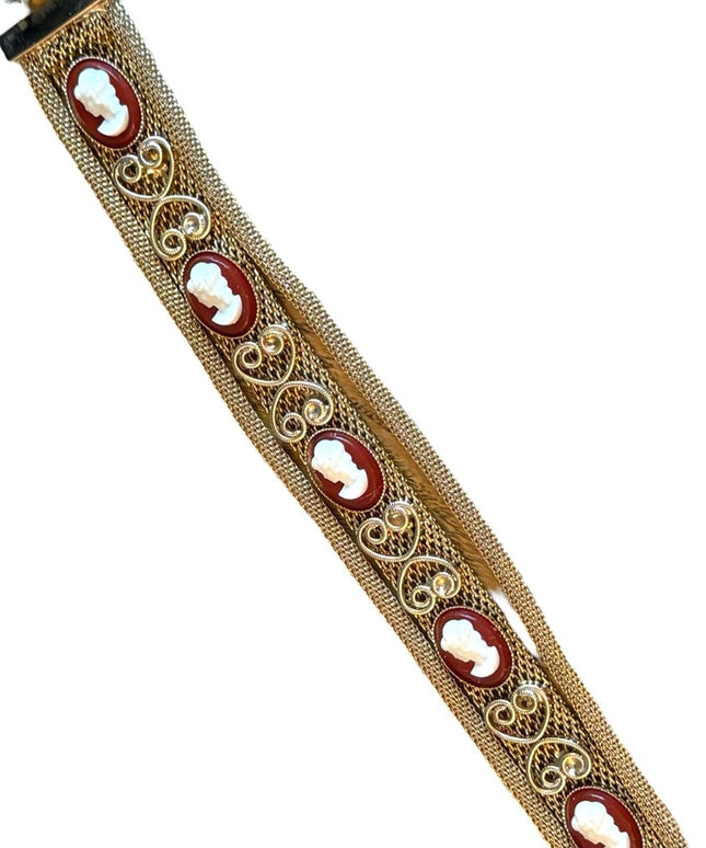 Vintage 1960s gold finish ornate multi cameo scroll design bracelet