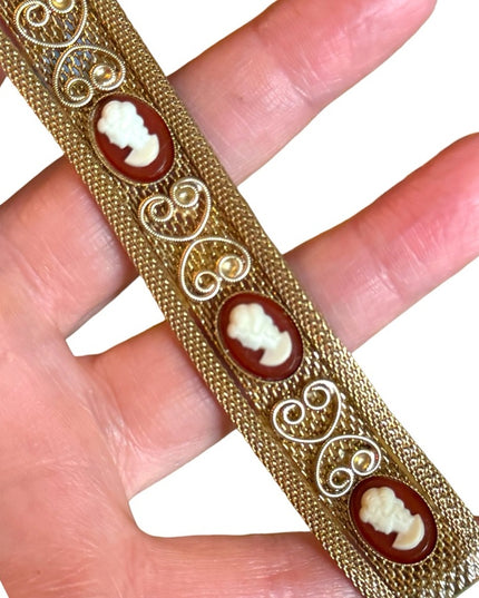 Vintage 1960s gold finish ornate multi cameo scroll design bracelet