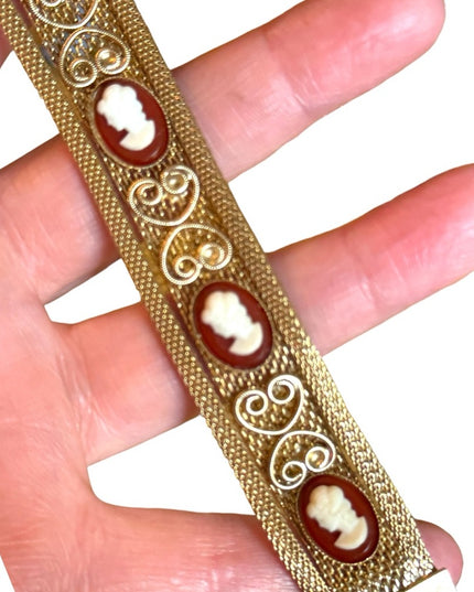 Vintage 1960s gold finish ornate multi cameo scroll design bracelet