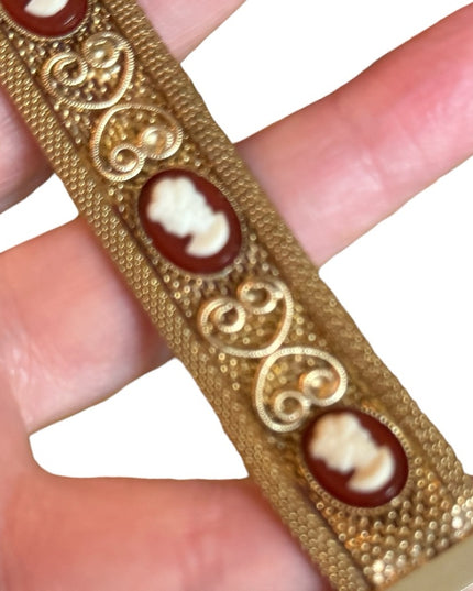 Vintage 1960s gold finish ornate multi cameo scroll design bracelet