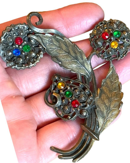 Large antique colorful crystal rhinestone antiqued aged brassy floral brooch