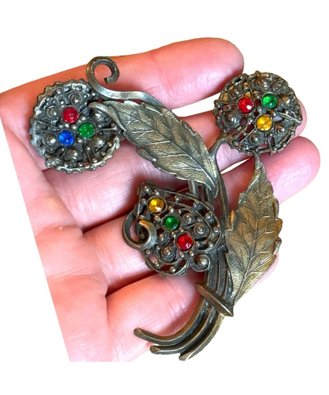 Large antique colorful crystal rhinestone antiqued aged brassy floral brooch