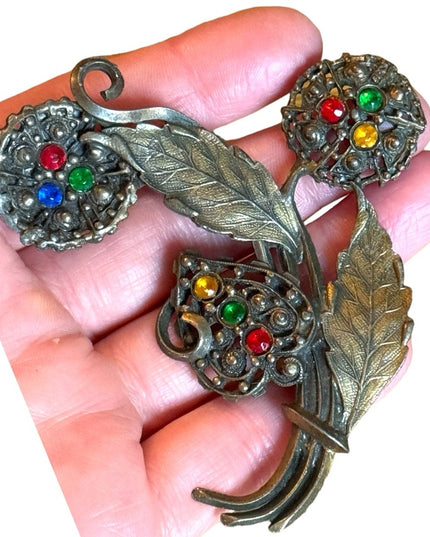 Large antique colorful crystal rhinestone antiqued aged brassy floral brooch