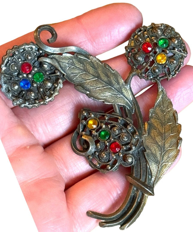 Large antique colorful crystal rhinestone antiqued aged brassy floral brooch
