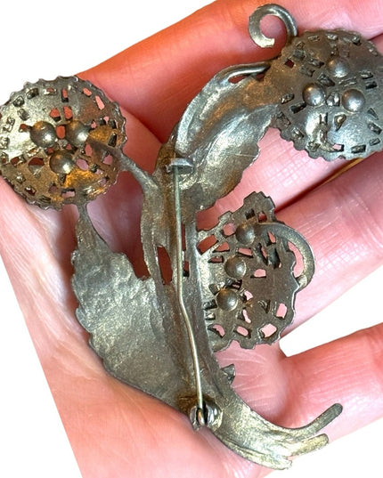 Large antique colorful crystal rhinestone antiqued aged brassy floral brooch