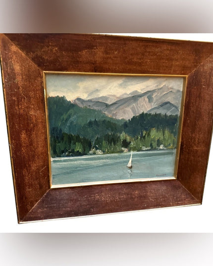 Vintage 1955 Jean Newman Germany sign oil on board painting wood frame sailboat