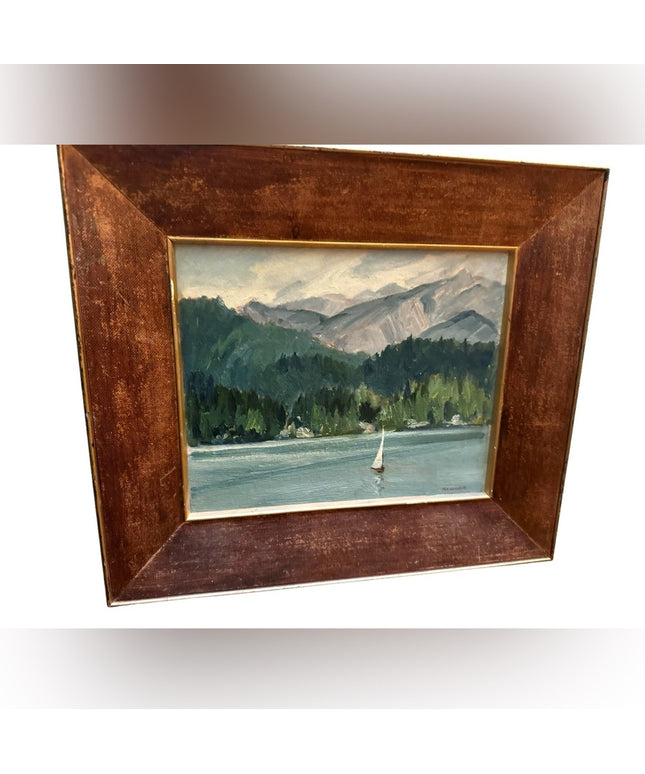 Vintage 1955 Jean Newman Germany sign oil on board painting wood frame sailboat
