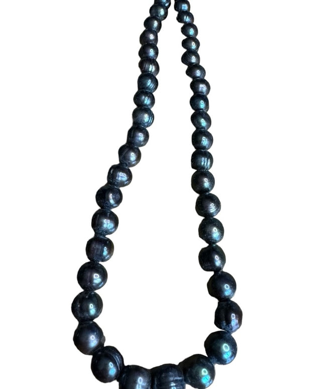 Stunning gray beaded irradescent REAL fresh water pearl sterling necklace 11mm