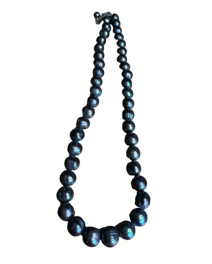 Stunning gray beaded irradescent REAL fresh water pearl sterling necklace 11mm