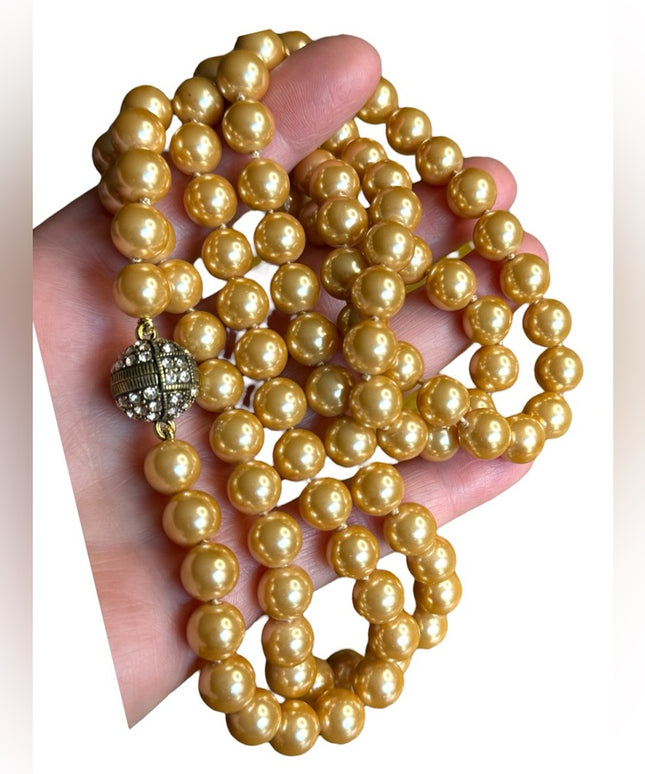 Retired Heidi Daus Large heavy long glass pearl necklace rhinestones 10mm bead