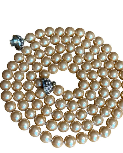 Retired Heidi Daus Large heavy long glass pearl necklace rhinestones 10mm bead