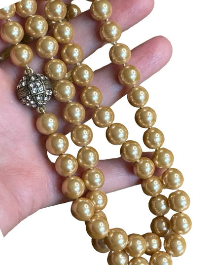 Retired Heidi Daus Large heavy long glass pearl necklace rhinestones 10mm bead