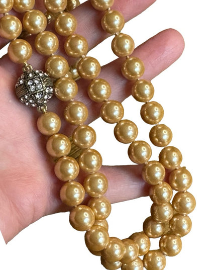 Retired Heidi Daus Large heavy long glass pearl necklace rhinestones 10mm bead
