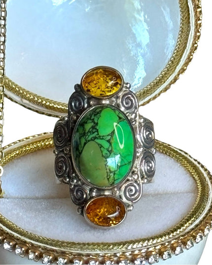 Sajen sterling silver 925 composite turquoise amber swirl designer ring Bali