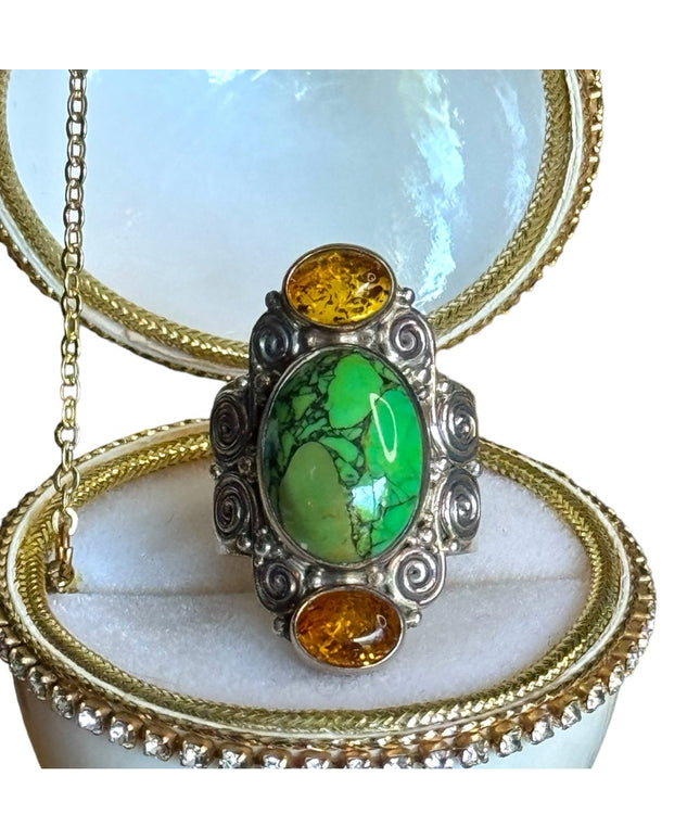 Sajen sterling silver 925 composite turquoise amber swirl designer ring Bali