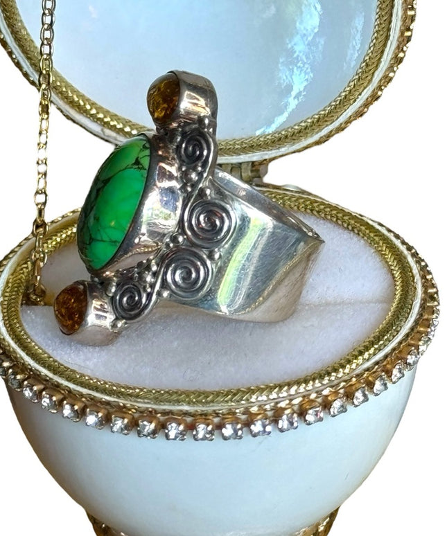 Sajen sterling silver 925 composite turquoise amber swirl designer ring Bali