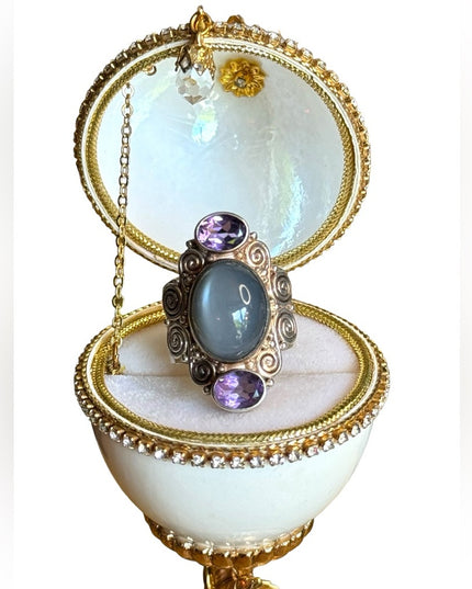 Sajen sterling silver 925 Chalcedony & amethyst scrolled  Bali designer ring