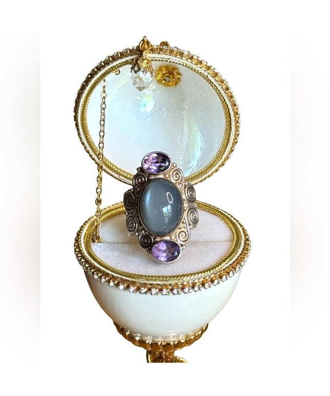 Sajen sterling silver 925 Chalcedony & amethyst scrolled  Bali designer ring