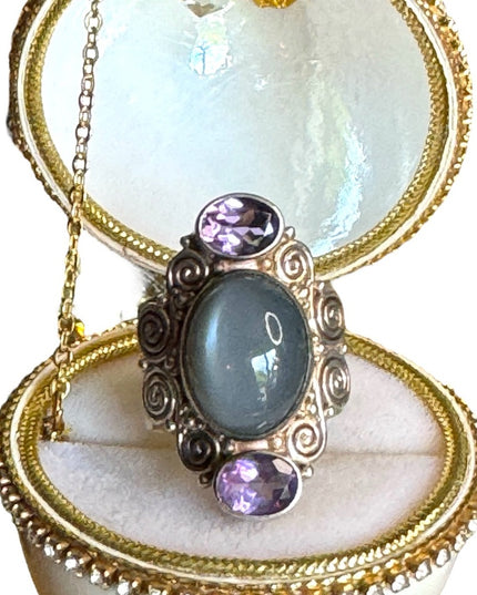Sajen sterling silver 925 Chalcedony & amethyst scrolled  Bali designer ring