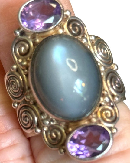 Sajen sterling silver 925 Chalcedony & amethyst scrolled  Bali designer ring