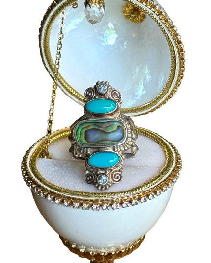Sajen sterling silver 925 abalone turquoise topaz ornate Bali elongated ring