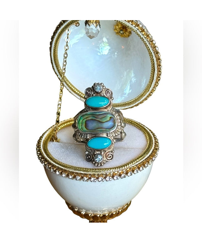 Sajen sterling silver 925 abalone turquoise topaz ornate Bali elongated ring