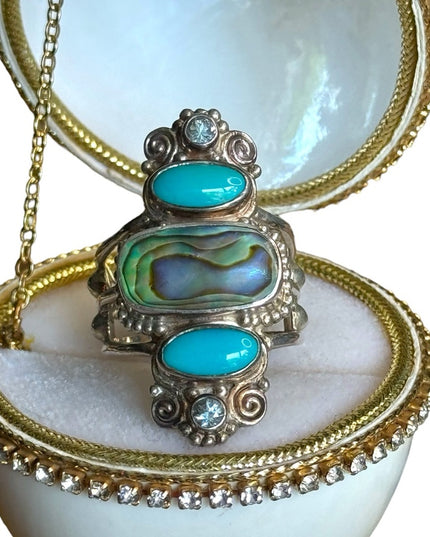 Sajen sterling silver 925 abalone turquoise topaz ornate Bali elongated ring