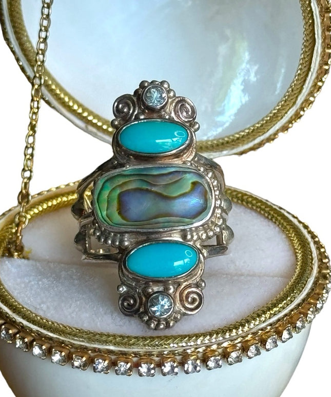 Sajen sterling silver 925 abalone turquoise topaz ornate Bali elongated ring