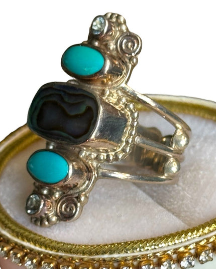 Sajen sterling silver 925 abalone turquoise topaz ornate Bali elongated ring