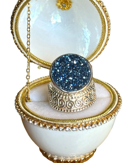Sajen sterling silver 925 blue DRUZY crown majestic Bali swirl work ring