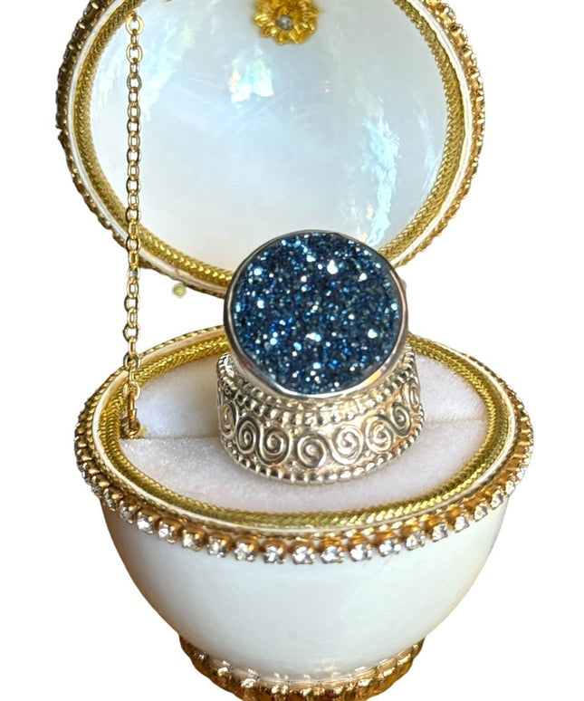 Sajen sterling silver 925 blue DRUZY crown majestic Bali swirl work ring